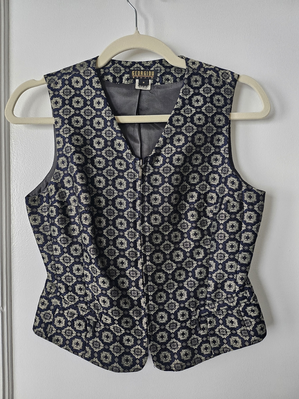 Vintage Georgiou Studio Navy and Gold Patterned V-Neck Vest